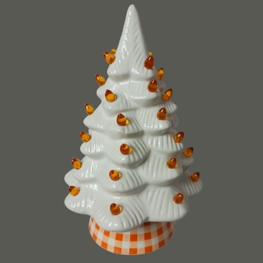 White Ceramic Christmas Tree W/ Orange Lights & Checkered Base - "14"Inches